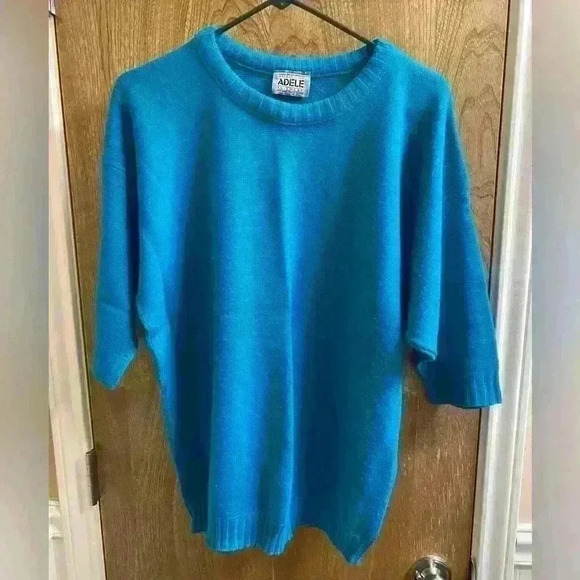 Adele Knitwear Vintage 80s Sweater 3/4 or 1/2 Sleeve Blouse Turquoise L - Picture 1 of 6